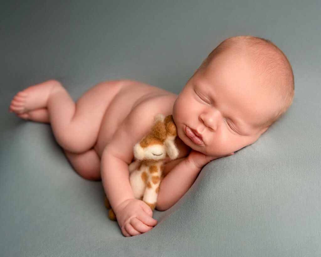 baby boy sleeping on a green background holding a plush giraffe by the best newborn photographer in Belfast